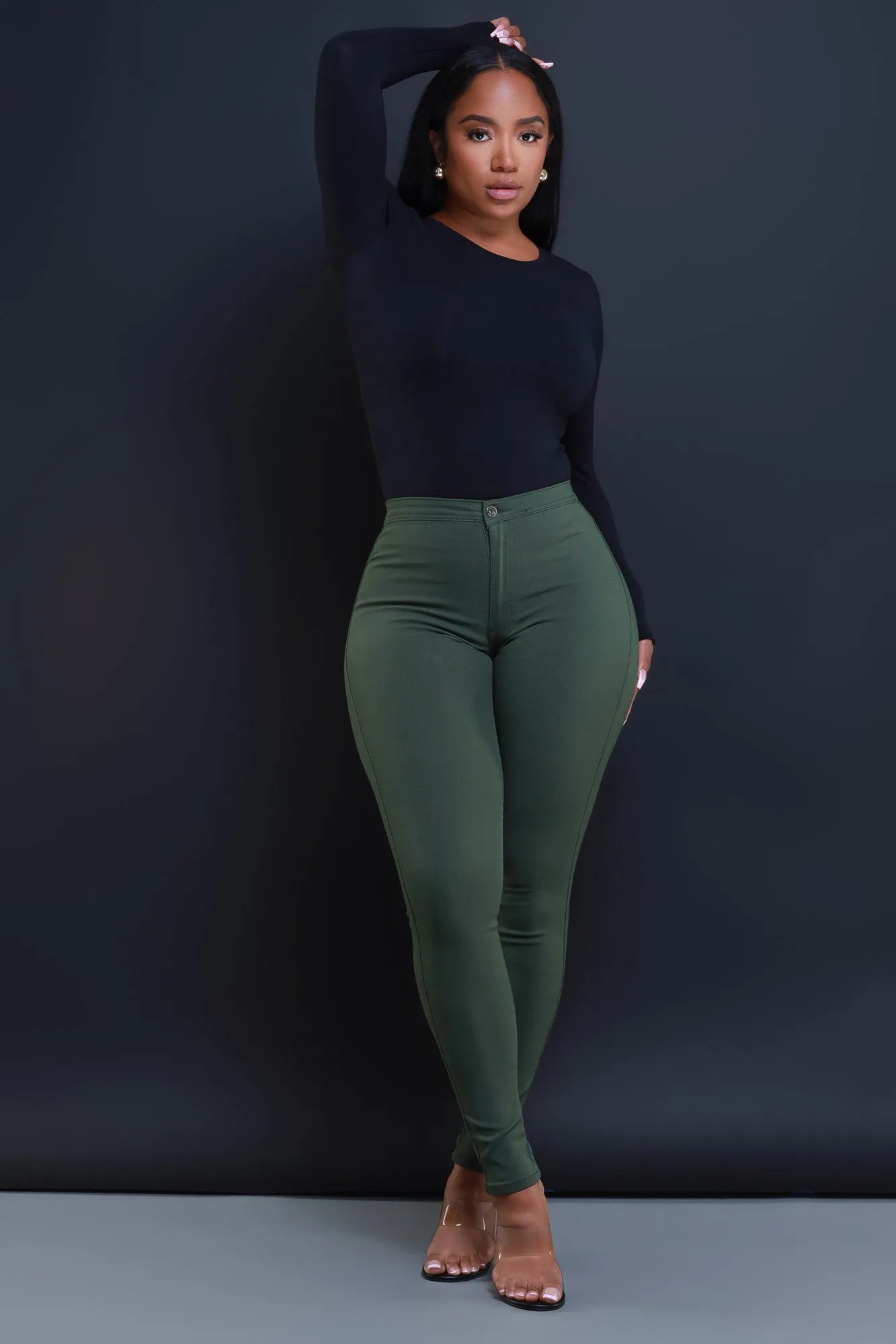 $15.99 Super Swank High Waist Stretchy Jeans - Olive