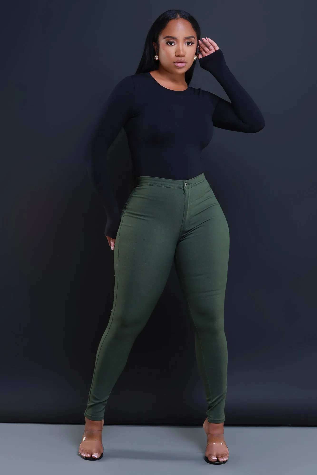 $15.99 Super Swank High Waist Stretchy Jeans - Olive