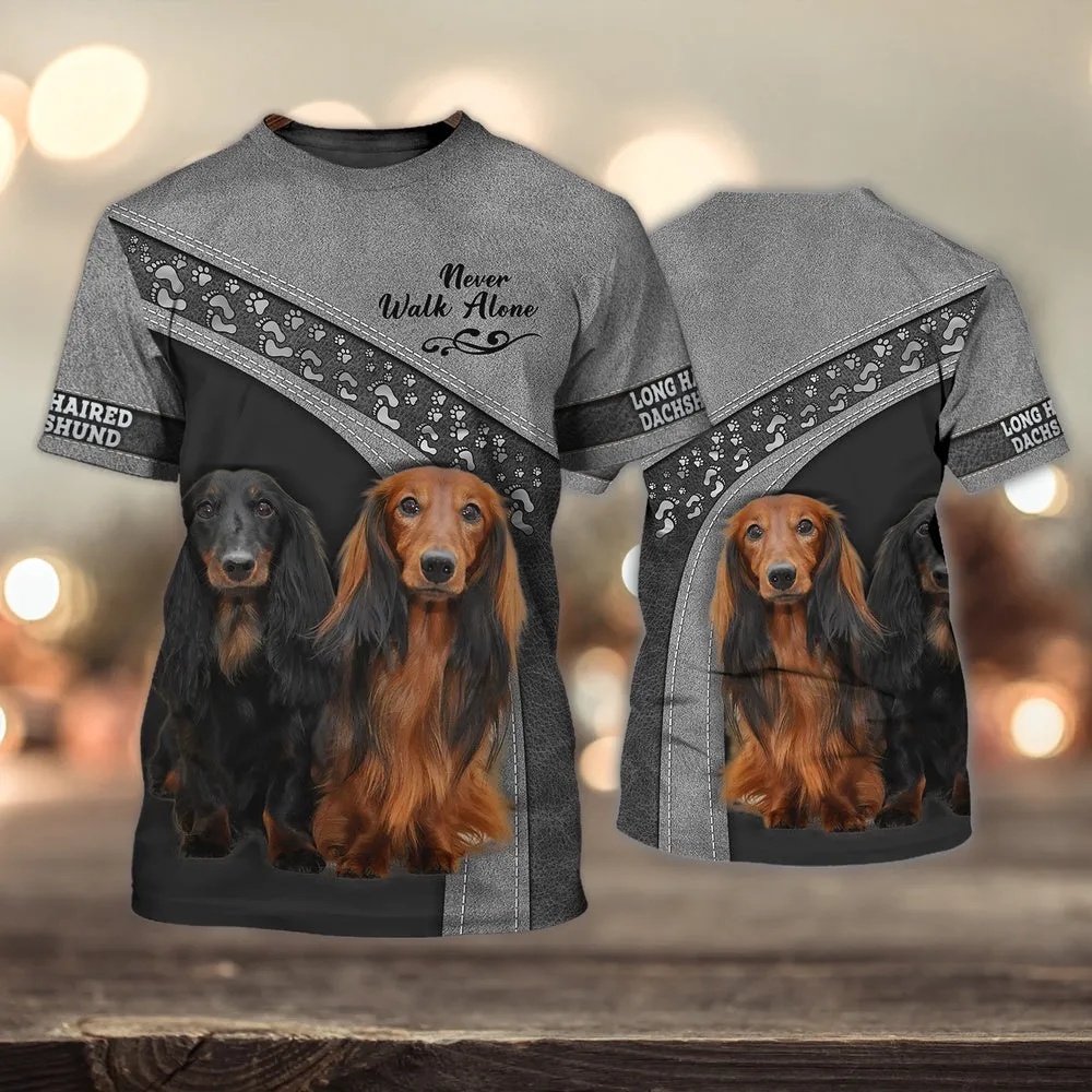 3D Dog T Shirts, Long Haired Dachshund Never Walk Alone All Over Print T-Shirt, Gift For Pet Loves