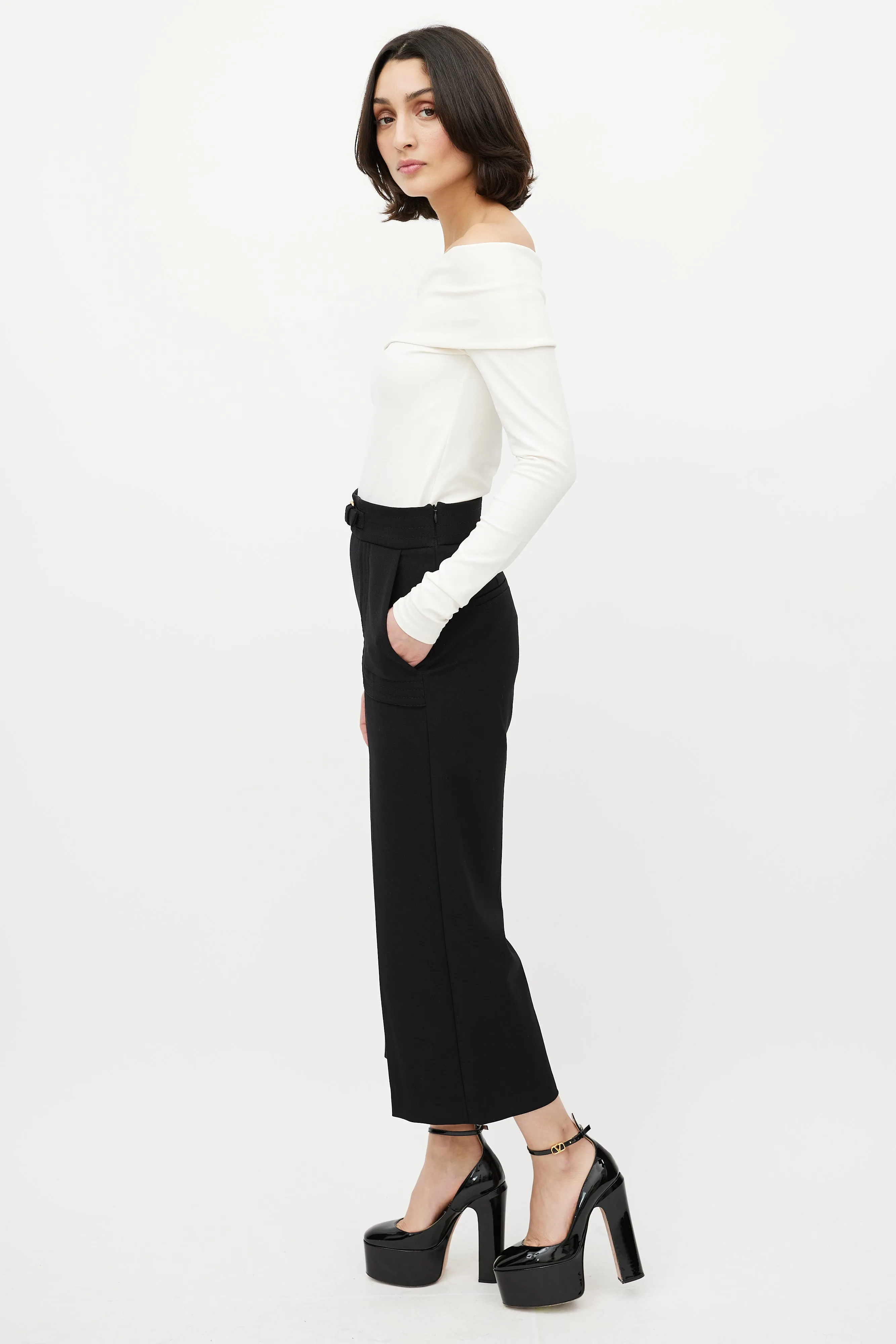 Black Wide Leg Buckled Cropped Trouser