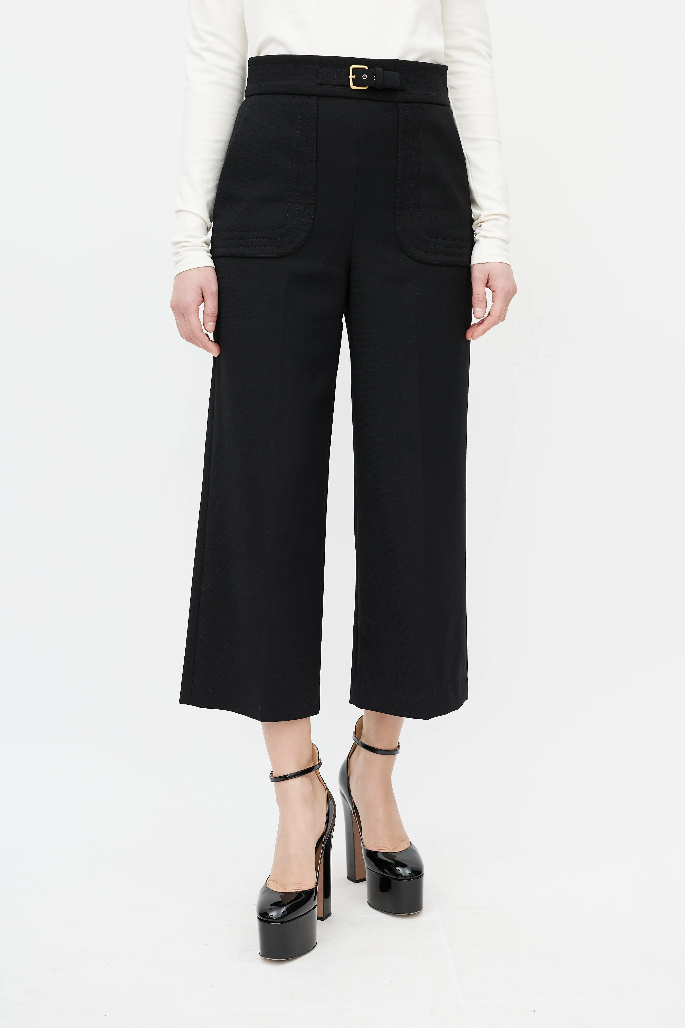 Black Wide Leg Buckled Cropped Trouser
