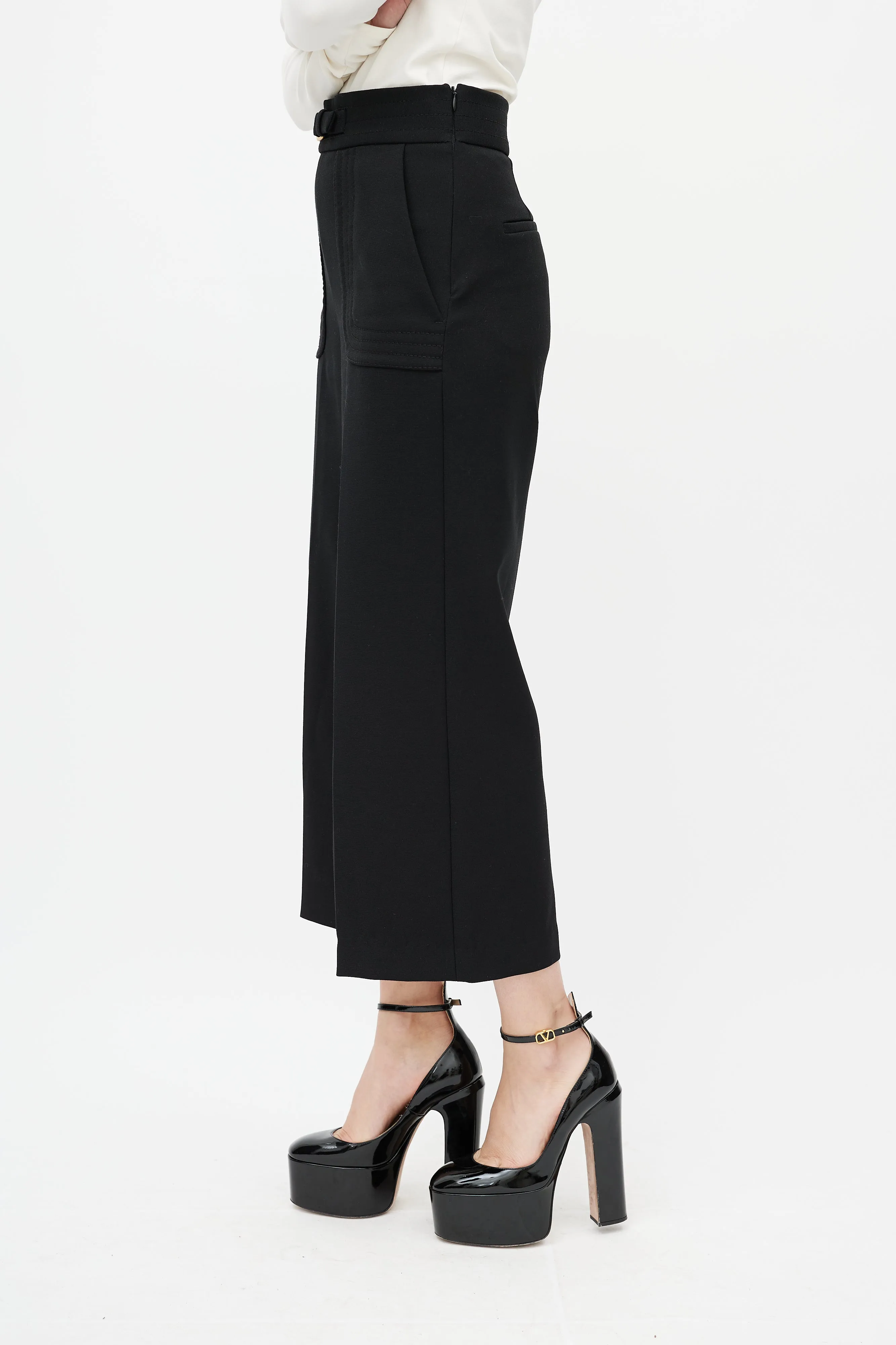 Black Wide Leg Buckled Cropped Trouser