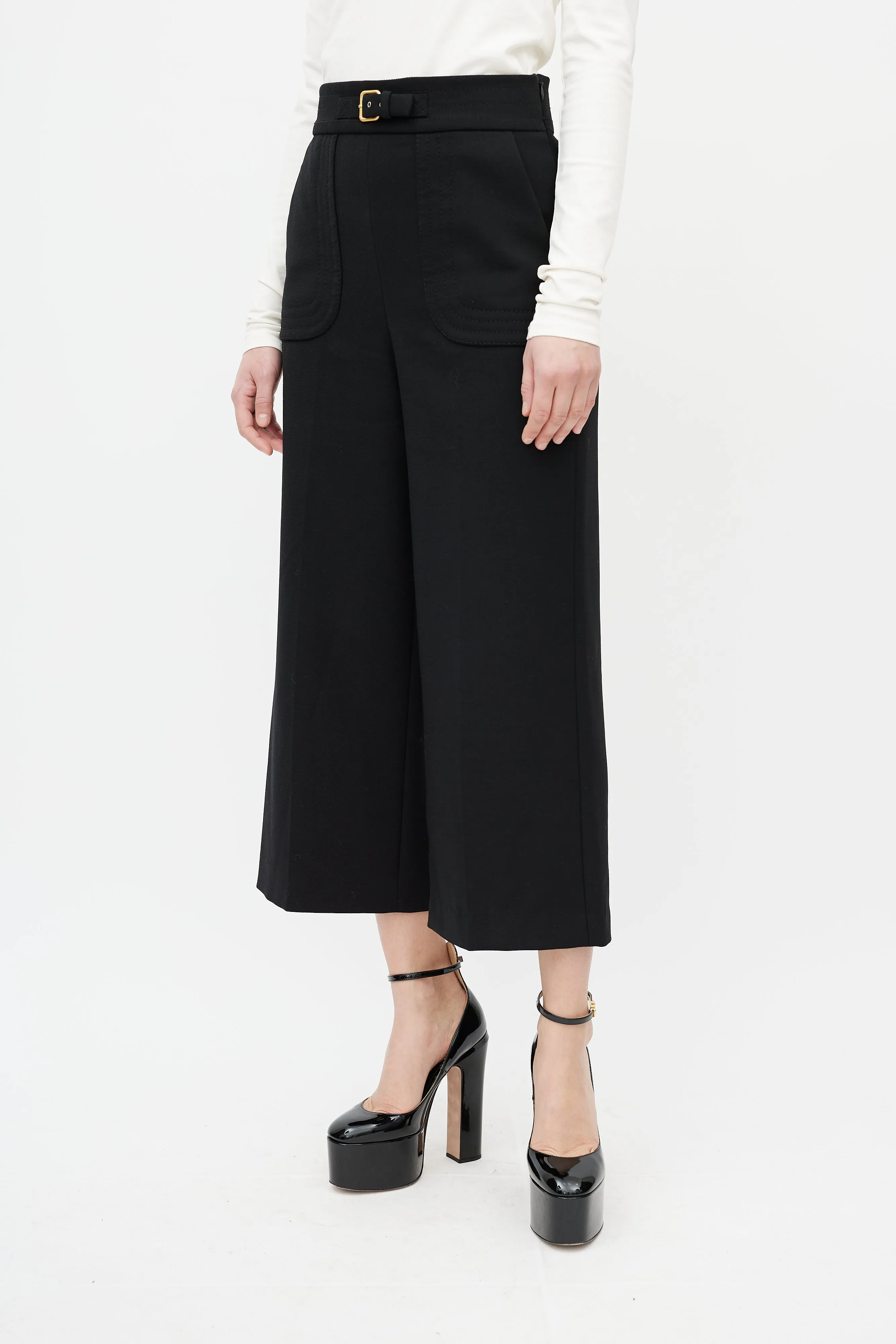 Black Wide Leg Buckled Cropped Trouser