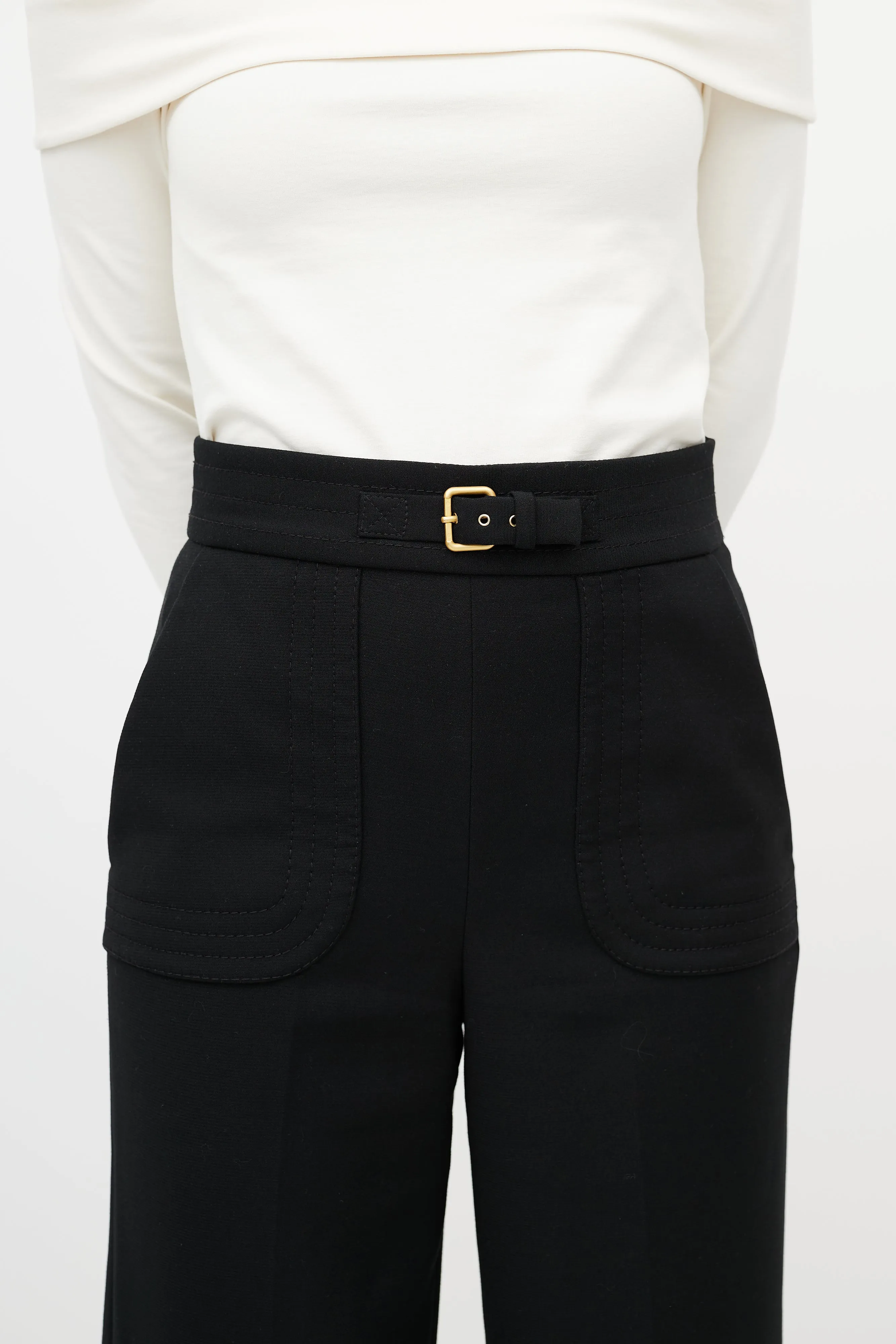 Black Wide Leg Buckled Cropped Trouser