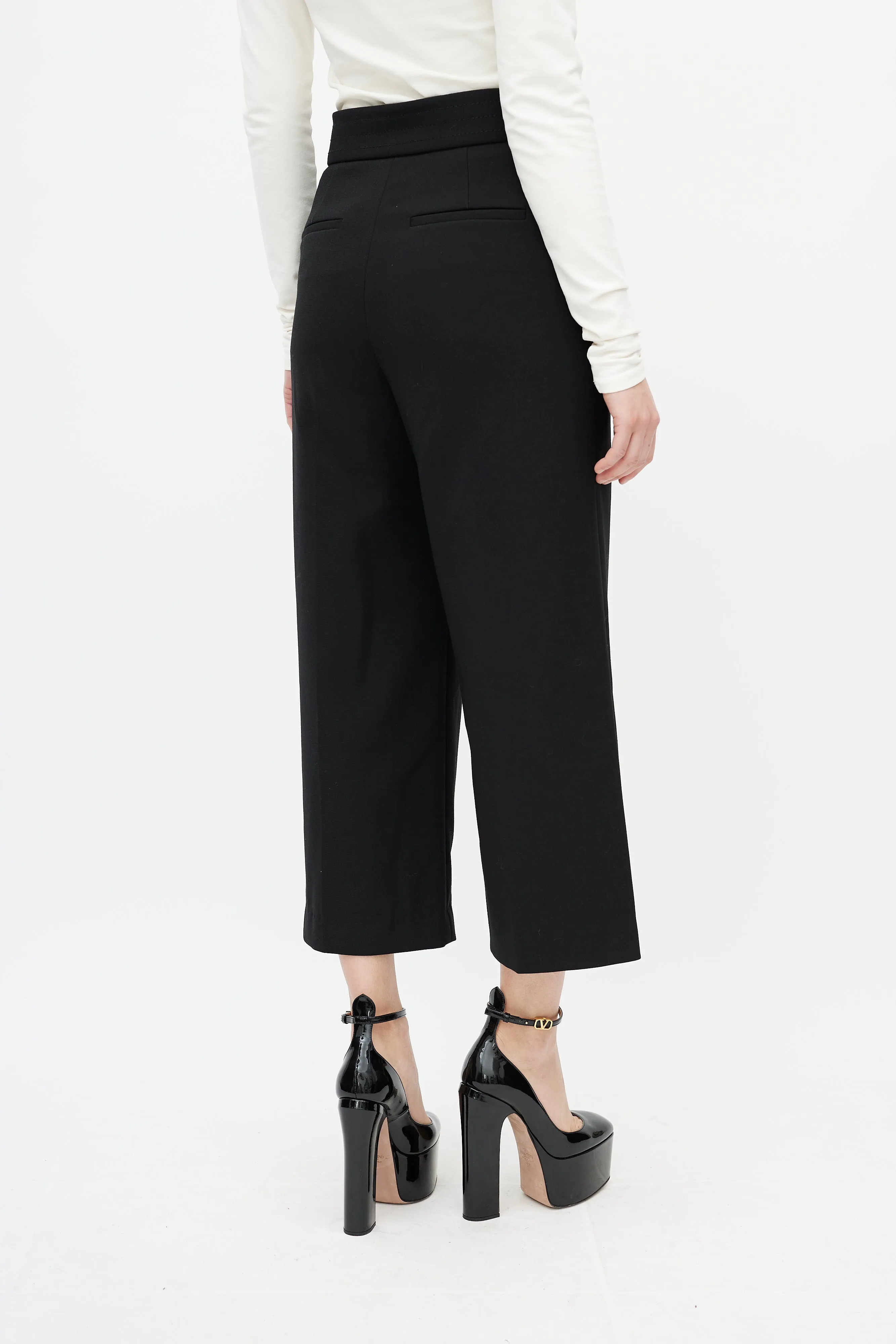 Black Wide Leg Buckled Cropped Trouser