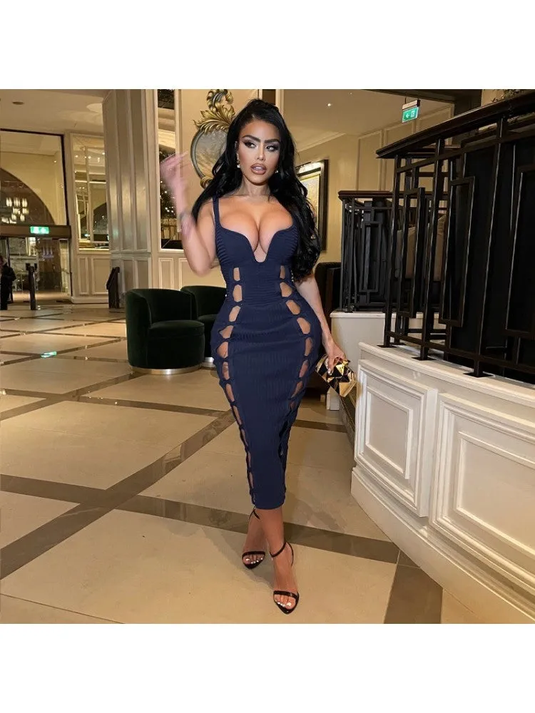 Cut Out Sleeveless Solid Midi Dresses
