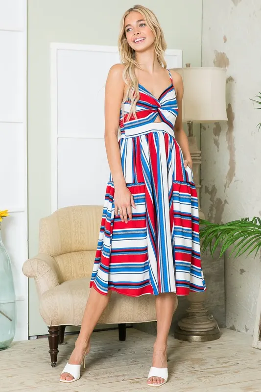 Cut Out Stripe Midi Dress with Pockets