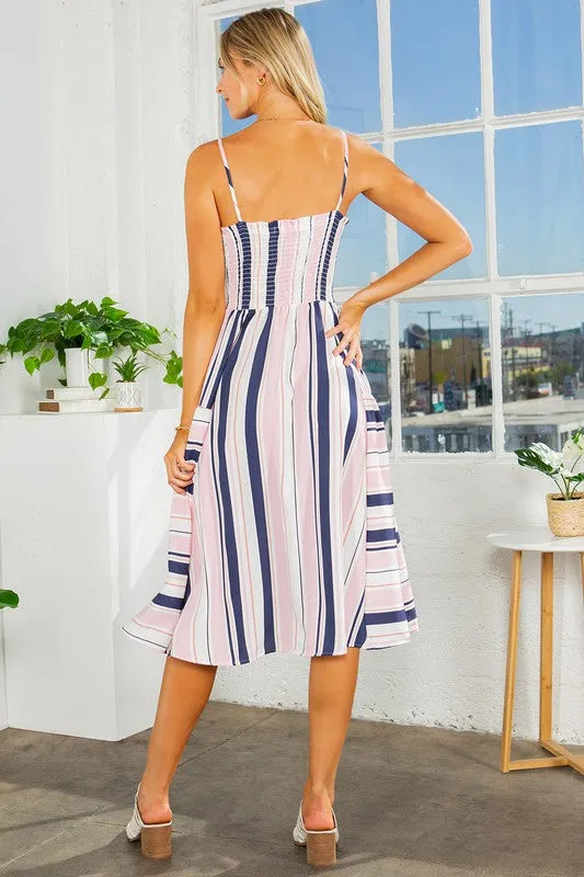 Cut Out Stripe Midi Dress with Pockets