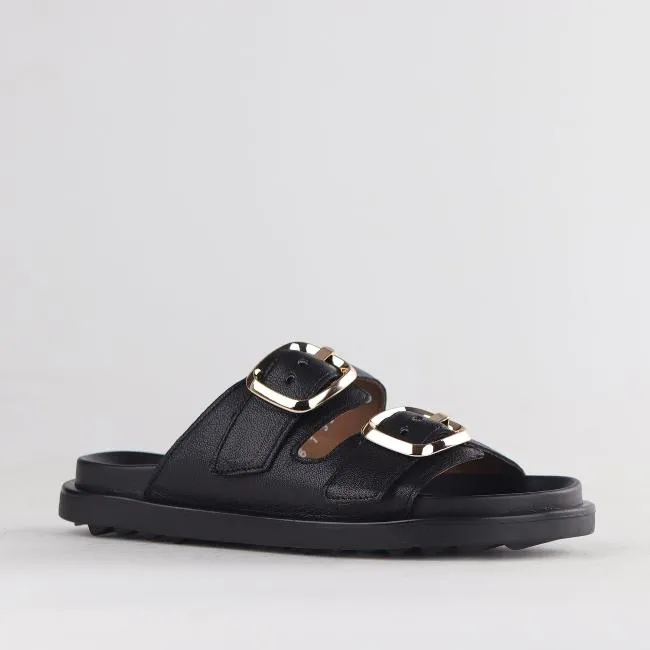 Double Buckle Birk Mules in Black - 12681