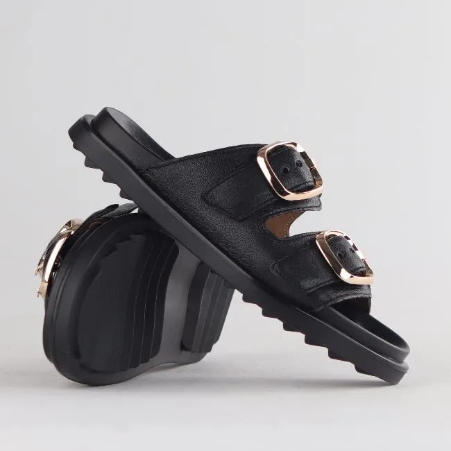Double Buckle Birk Mules in Black - 12681