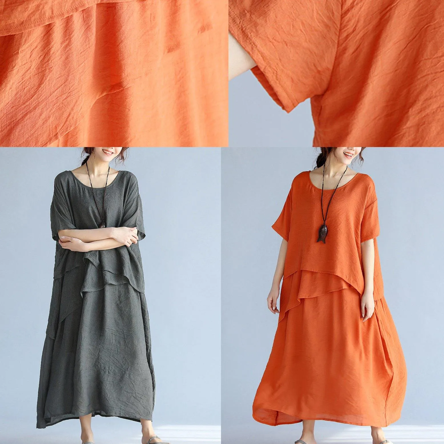 Dunnmall New orange long linen dresses plus size clothing layered cotton dresses New short sleeve linen cotton dress