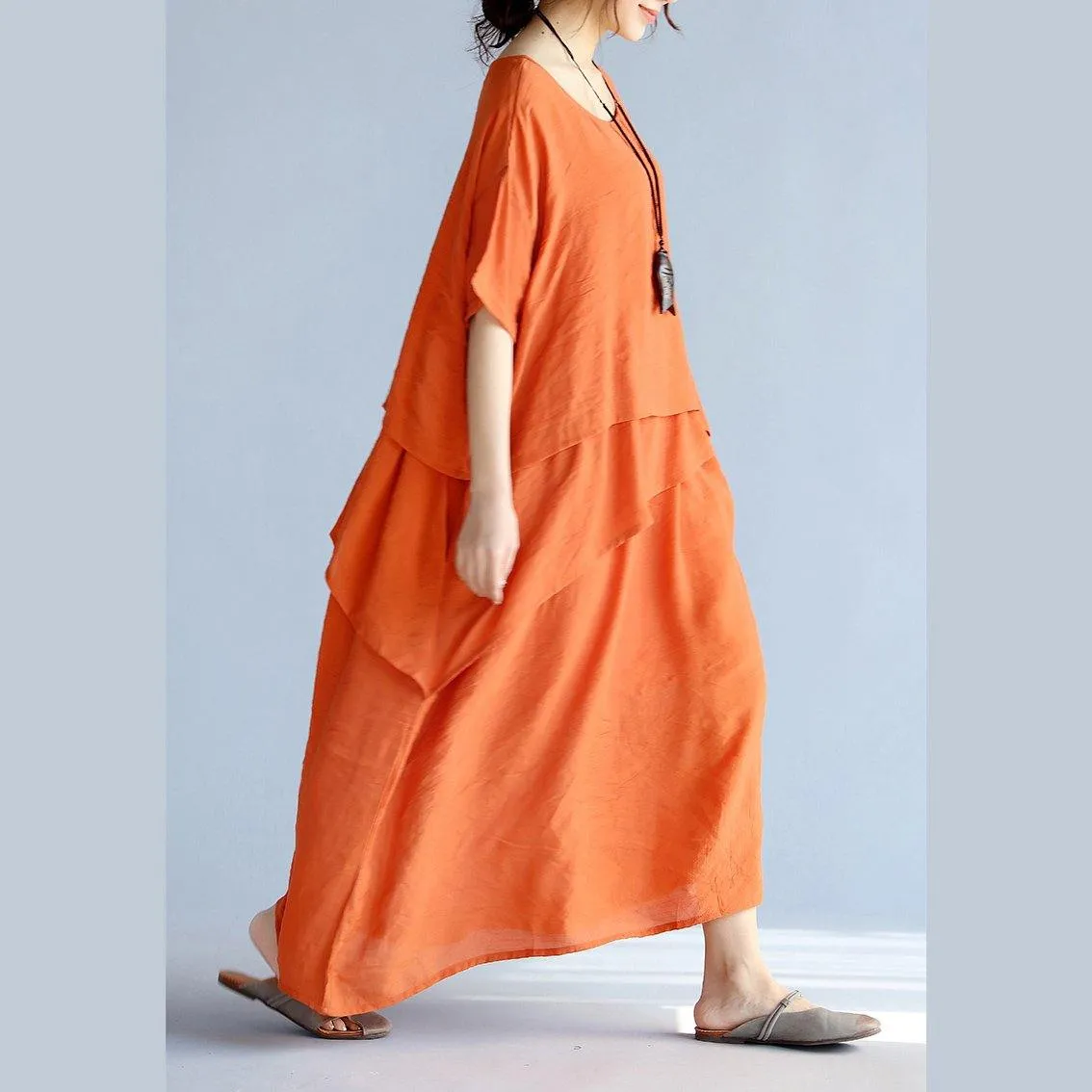 Dunnmall New orange long linen dresses plus size clothing layered cotton dresses New short sleeve linen cotton dress