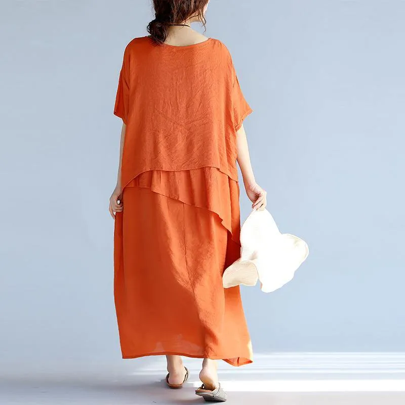 Dunnmall New orange long linen dresses plus size clothing layered cotton dresses New short sleeve linen cotton dress