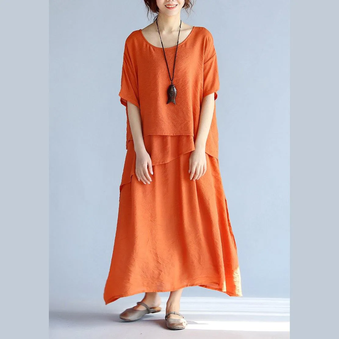 Dunnmall New orange long linen dresses plus size clothing layered cotton dresses New short sleeve linen cotton dress