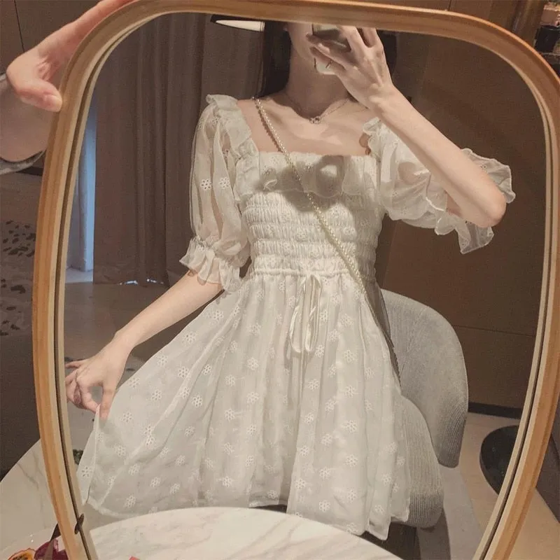 French Puff Sleeve White Summer Dress