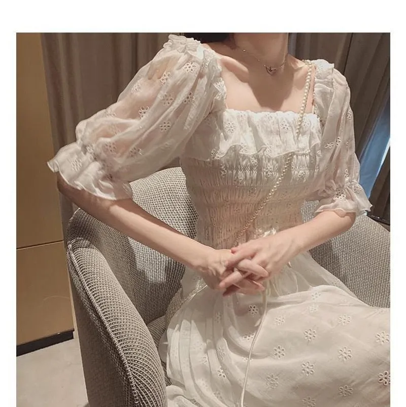 French Puff Sleeve White Summer Dress