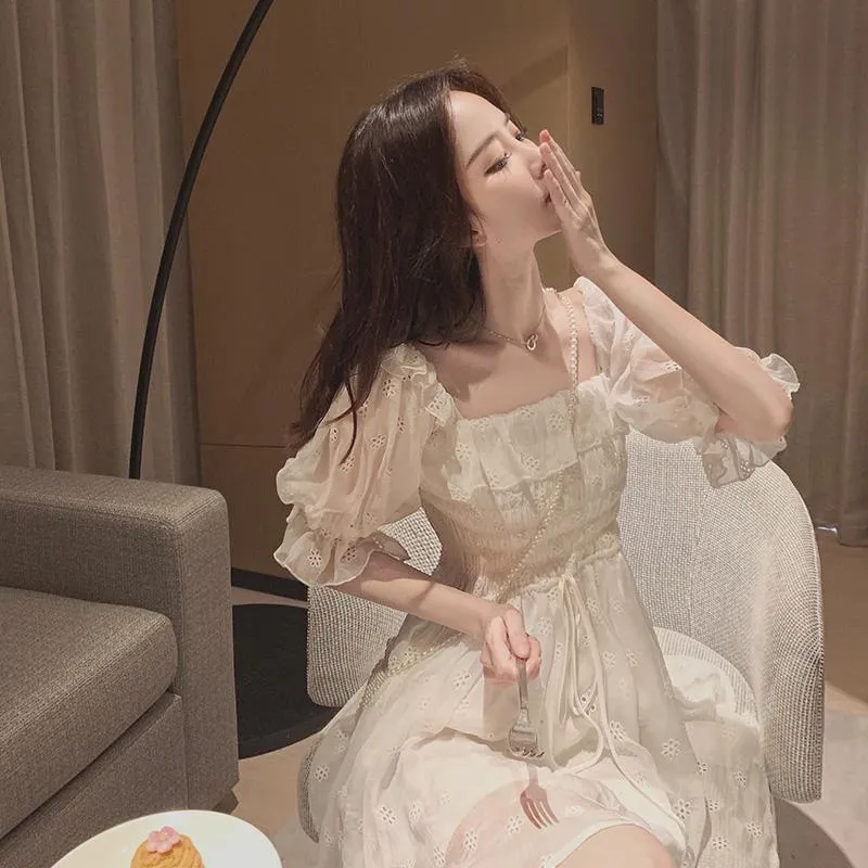 French Puff Sleeve White Summer Dress