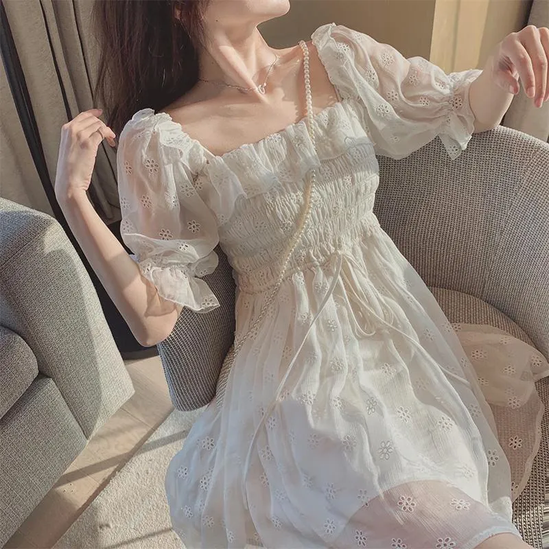 French Puff Sleeve White Summer Dress