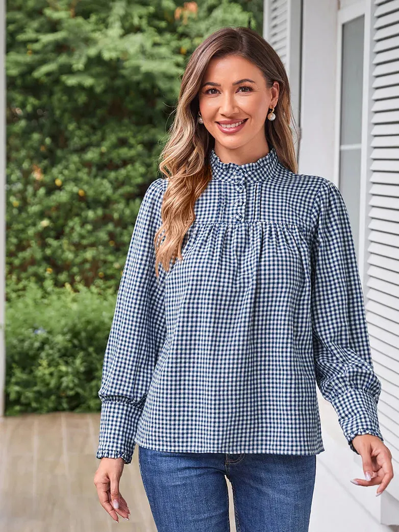 Women Stand Collar Pullover Tops Cotton Blouse